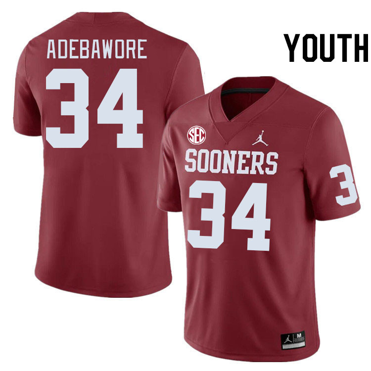 Youth #34 Adepoju Adebawore Oklahoma Sooners 2024 SEC Conference College Football Jerseys-Crimson